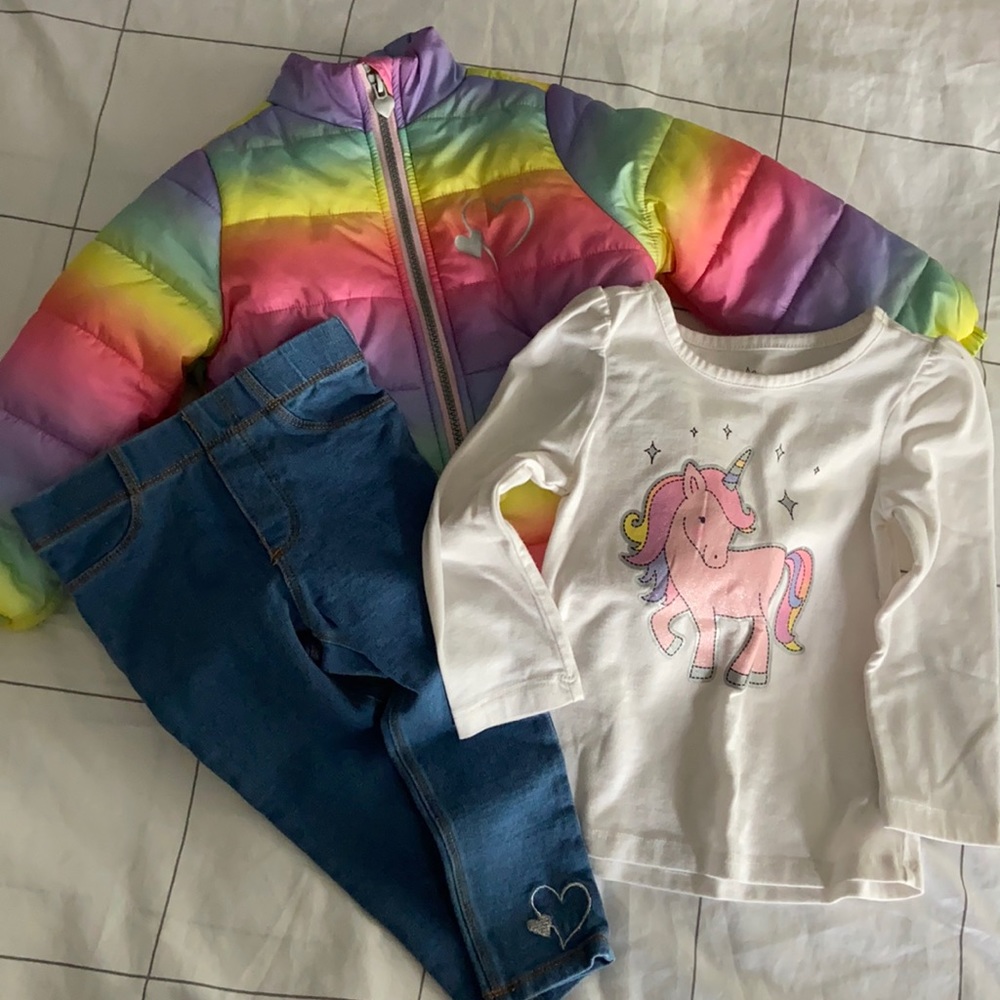 Winter Set: Rainbow Puffy Coat, Unicorn Long Sleeve, and Stretchy Jeans